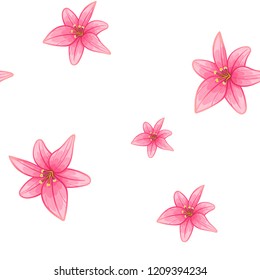 pink lily flower on white background seamless pattern . repeatable  tender beautiful botanique ornament. vector