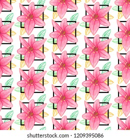 pink lily flower on white background seamless pattern . repeatable  tender beautiful botanique ornament. vector