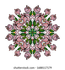 Pink lily flowers with leaves in mandala pattern. On white isolated background. For coloring book pages.