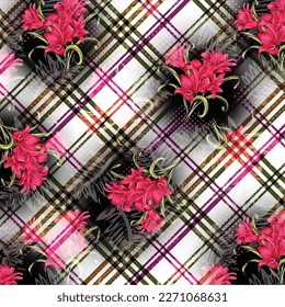 Pink lily flowers on diagonal colorful plaid fabric drawn