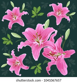 Pink Lily flowers seamless pattern