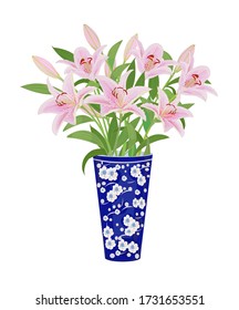 Pink lily flowers in the vase.