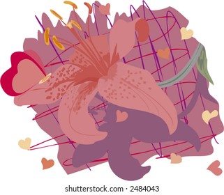 Pink lily with hearts - vector