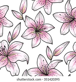 Pink lily on a white background.Vector seamless pattern 