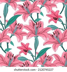 Pink Lily pattern. Seamless pattern. Pink floral pattern