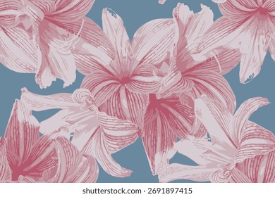 Pink Lily Seamless Floral Pattern on Blue Background. silhouette botanical florals.Damask floral embroidery.Elegant Botanical Print for Fabric, Wallpaper, and Fashion Design