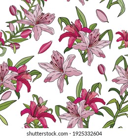 Pink lily seamless pattern background vector