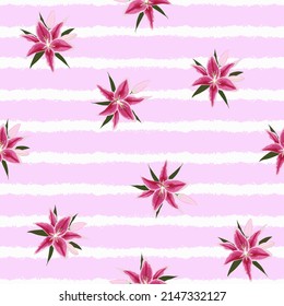 pink lily seamless pattern. exotic floral garden with stripes background. good for dress, fabric, kimono, pajama, wallpaper, fashion, etc.