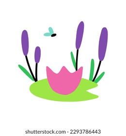 Pink lily in the swamp. Reeds. A fly.
Vector children's naive hand-drawn illustration. Isolated on a white background.