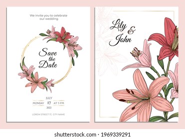 Pink lily wedding invitation card template design, lilies flowers and leaves with gold frame vintage linear art sketch style vector illustration. Flower of Lilium candidum, Madonna lily. 