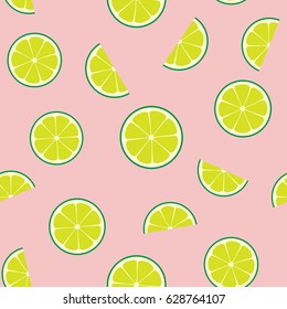 Pink Limeade Seamless Vector Pattern Tile. Green Lime Round and Half Slices Randomly Arranged on Pink Background. Lemonade Stand Summer Picnic Party Decor. Food Packaging Design. Swatch Included.