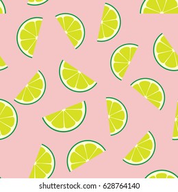 Pink Limeade Seamless Vector Pattern Tile. Green Lime Half Slices Randomly Arranged on Pink Background. Lemonade Stand Summer Picnic Party Decor. Food Packaging Design. Swatch Included.