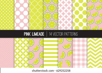 Pink Limeade Vector Patterns. Green and Pink Lime Halves and Slices, Stripes, Polka Dots and Gingham. Pattern Tile Swatches Included