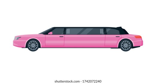 Pink Limousine Car, Elegant Premium Luxurious Vehicle, Side View Flat Vector Illustration