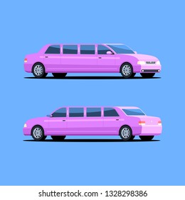 Pink limousine in different angles, front and back view. The luxury long car for the VIP of persons. Vector illustration in flat style isolated on blue background