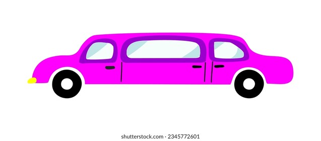 Pink Limousine, long stretched car. Limo, luxury VIP automobile. Premium prestige classy expensive large auto transport, road vehicle. Cartoon flat vector illustration isolated on white background