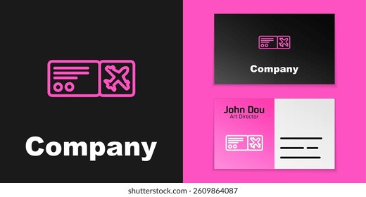 Pink line Airline ticket icon isolated on black background. Plane ticket. Logo design template element. Vector