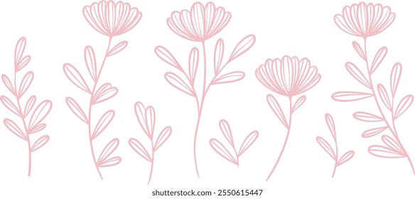 Pink line art floral ilustração vetor doodles, flor de primavera delicada mão desenhada margarida vetor clip arte conjunto