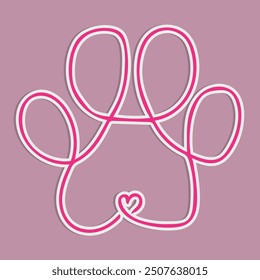 Pink Line Art Paw Print with Heart Detail on Soft Pastel Background