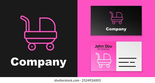 Pink line Baby stroller icon isolated on black background. Baby carriage, buggy, pram, stroller, wheel. Logo design template element. Vector