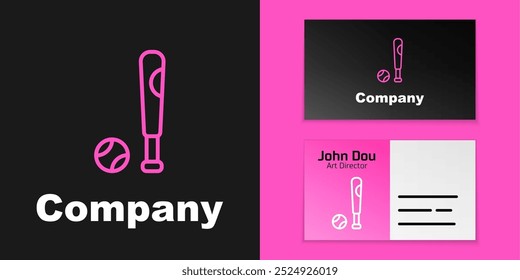 Pink line Baseball bat with ball icon isolated on black background. Logo design template element. Vector