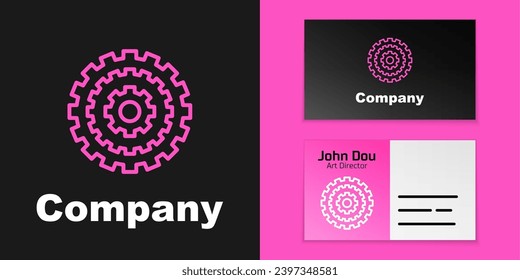 Pink line Bicycle cassette mountain bike icon isolated on black background. Rear Bicycle Sprocket. Chainring crankset with chain. Logo design template element. Vector