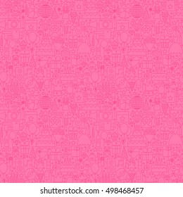Pink Line Birthday Seamless Pattern. Vector Illustration of Outline Tile Background. Celebration Event.