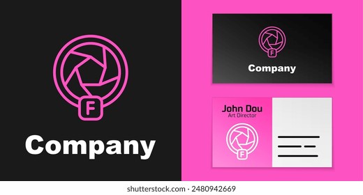 Pink line Camera shutter icon isolated on black background. Logo design template element. Vector