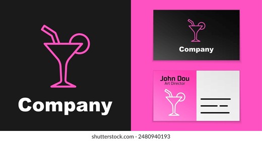 Pink line Cocktail and alcohol drink icon isolated on black background. Logo design template element. Vector