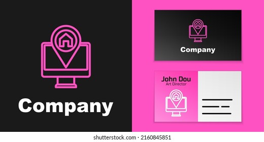 Pink line Computer monitor and folded map with location marker icon isolated on black background. Logo design template element. Vector
