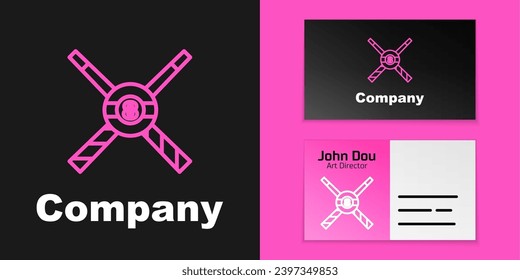 Pink line Crossed billiard cues and ball icon isolated on black background. Logo design template element. Vector