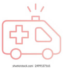 A pink line drawing of an ambulance with a flashing light on top, a cross on the side, and wheels.