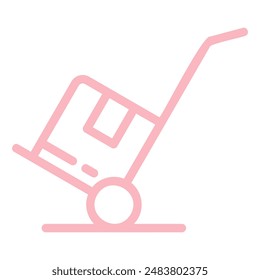 A pink line drawing of a hand truck with a package on it.