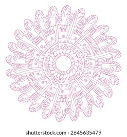 Uma mandala de desenho de linha rosa sobre um fundo branco apresenta um intrincado padrão circular com elementos florais e geométricos detalhados criando um design simétrico.