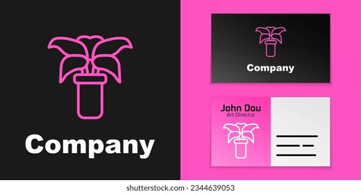 Pink line Exotic tropical plant in pot icon isolated on black background. Logo design template element. Vector
