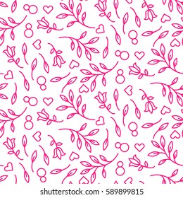 Pink line floral 8 March seamless vector pattern. Plant leaves and hearts feminine background.