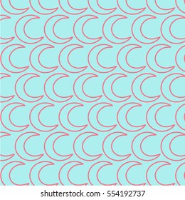 Pink line half moon on a blue background, pattern.
