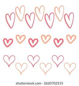 Pink line of hearts vector illustrations.  Hand-drawn heart icon border. Valentine, love, and card decoration. 