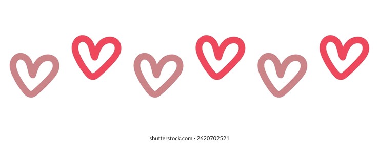 Pink line of hearts vector illustrations.  Hand-drawn heart icon border. Valentine, love, and card decoration. 