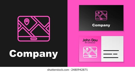 Pink line Infographic of city map navigation icon isolated on black background. Mobile App Interface concept design. Geolacation concept. Logo design template element. Vector