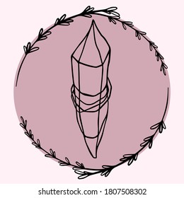 Pink line magic crystal with leaves. Vector for cosmetics, tattoo, manicure, jewelry store. Magical elements illustration. 
