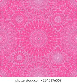 Pink line mandala pattern from round flower ornaments. Flourish oriental background. Seamless pink texture