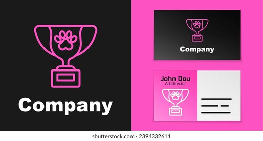 Pink line Pet award symbol icon isolated on black background. Medal with dog footprint as pets exhibition winner concept. Logo design template element. Vector