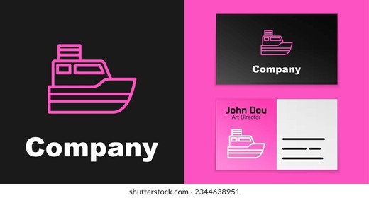 Pink line Ship line path of ship sea route with start point GPS and black line icon isolated on black background. Logo design template element. Vector