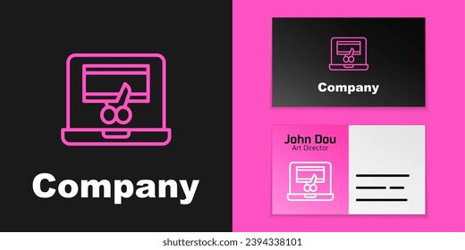 Pink line Video recorder or editor software on laptop icon isolated on black background. Video editing on a laptop. Logo design template element. Vector