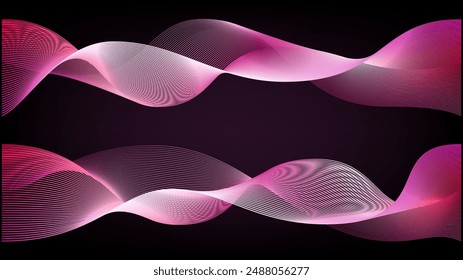 Pink line wave background. Rose magnetic smoke flare. Light red sound frequency abstract swirls. Purple glitter effect dance music radio wavelength. Glow border tech pattern.