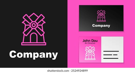 Pink line Windmill icon isolated on black background. Logo design template element. Vector