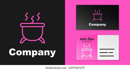Pink line Witch cauldron icon isolated on black background. Happy Halloween party. Logo design template element. Vector