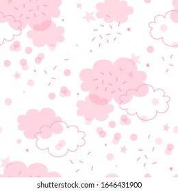 ピンクの線形で平らな透明な雲の形状に ダッシュの丸い紙吹雪ベクター画像のシームレスなパターンを適用 かわいいお祝いの赤ちゃん誕生日パーティーの背景 パステルドリームは女の子っぽいデザイン のベクター画像素材 ロイヤリティフリー