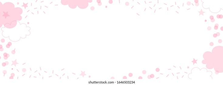 Pink linear and flat transparent overlaying cloud shape with dash round confetti star vector horizontal banner background. Festal baby girl birthday party abstract backdrop. Pastel dream rose girlish